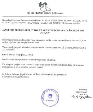 Javni vpis predšolskih otrok v vve vrtec Dornava za šolsko leto 2018-2019